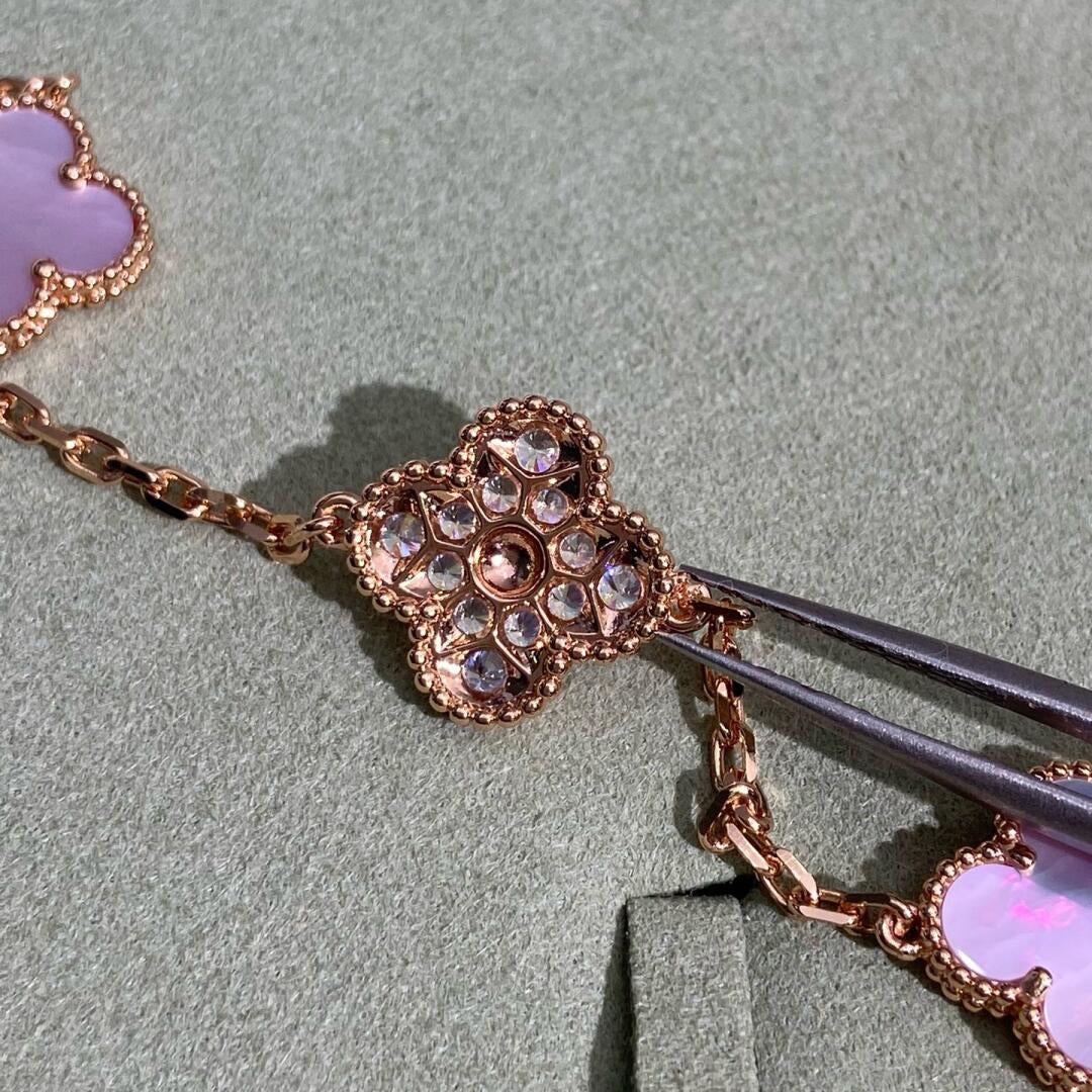 [ElanLuxe Jewelry]CLOVER 10 MOTIFS DIAMOND PINK MOP NECKLACE