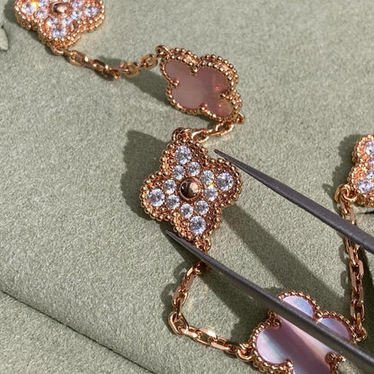 [ElanLuxe Jewelry]CLOVER 10 MOTIFS DIAMOND PINK MOP NECKLACE