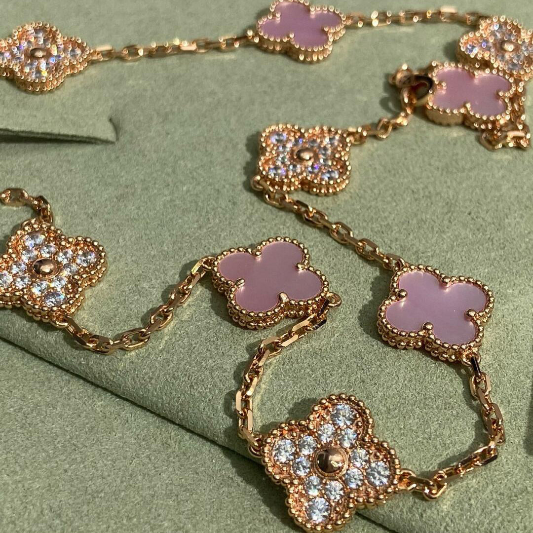 [ElanLuxe Jewelry]CLOVER 10 MOTIFS DIAMOND PINK MOP NECKLACE