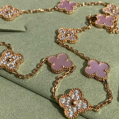 [ElanLuxe Jewelry]CLOVER 10 MOTIFS DIAMOND PINK MOP NECKLACE