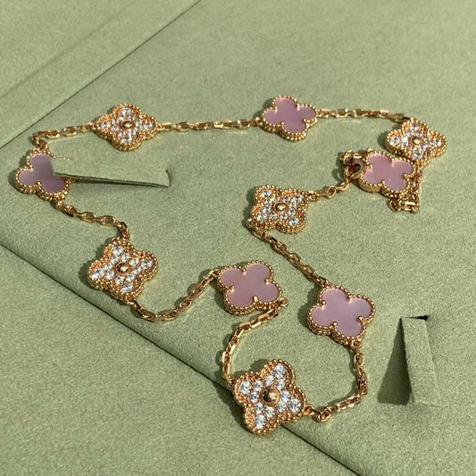 [ElanLuxe Jewelry]CLOVER 10 MOTIFS DIAMOND PINK MOP NECKLACE