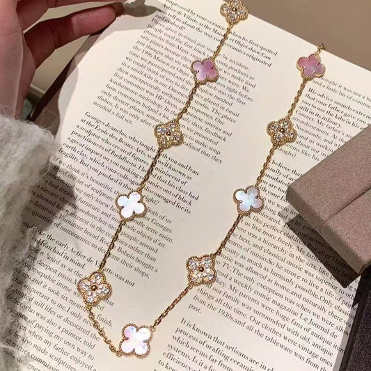 [ElanLuxe Jewelry]CLOVER 20 MOTIFS DIAMOND PINK MOP NECKLACE