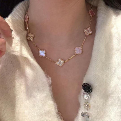 [ElanLuxe Jewelry]CLOVER 10 MOTIFS DIAMOND PINK MOP NECKLACE