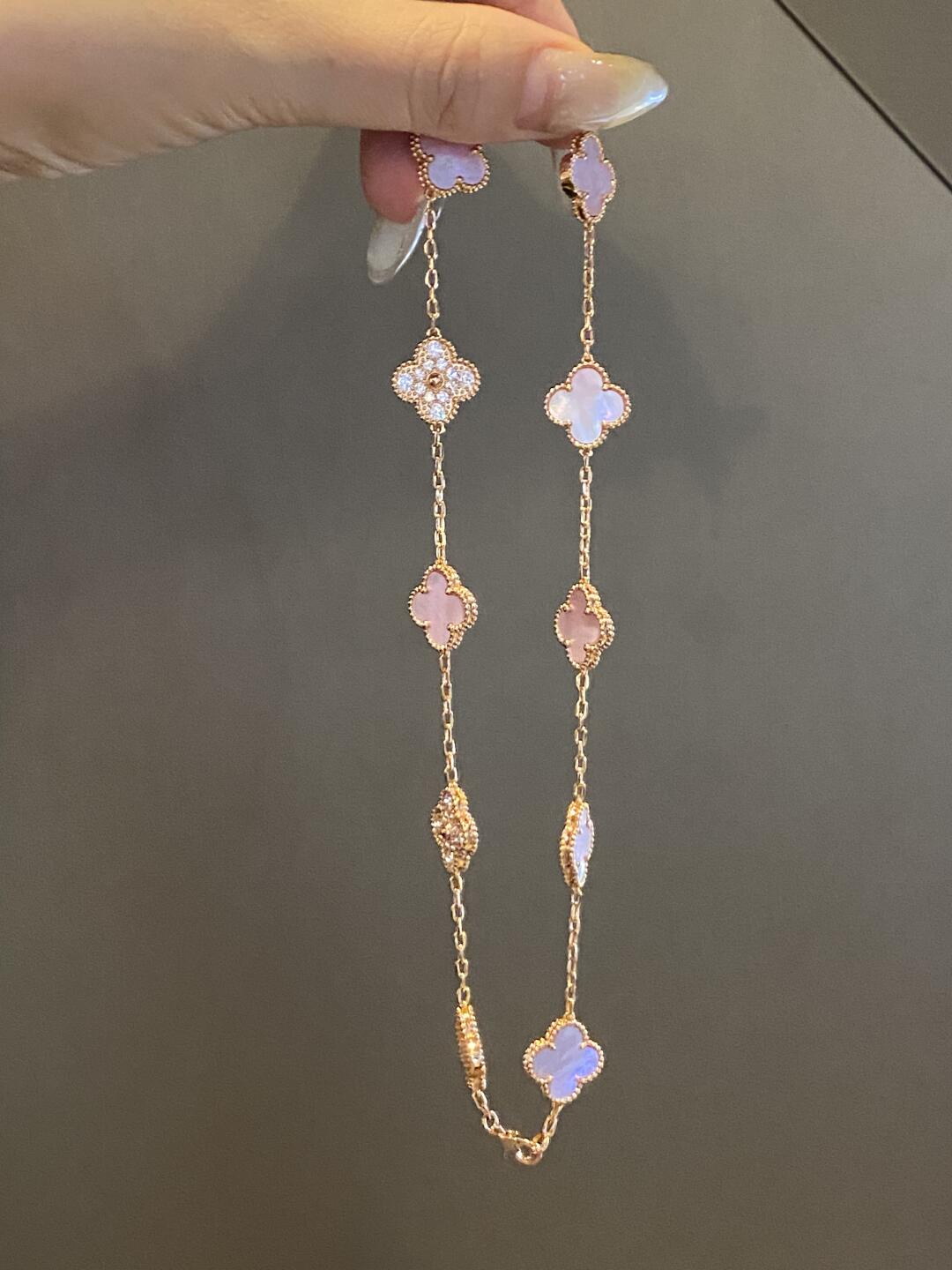 [ElanLuxe Jewelry]CLOVER 10 MOTIFS DIAMOND PINK MOP NECKLACE