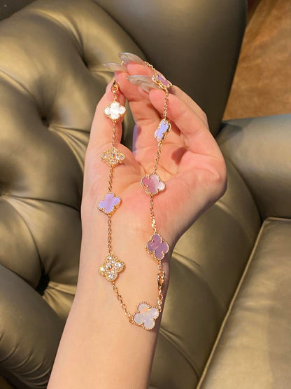 [ElanLuxe Jewelry]CLOVER 10 MOTIFS DIAMOND PINK MOP NECKLACE