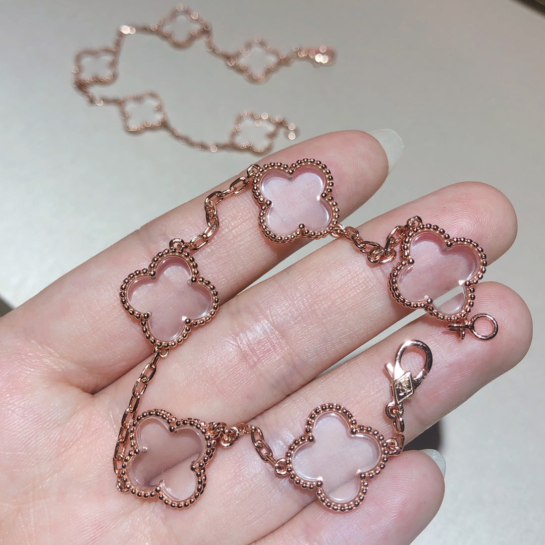 [ElanLuxe Jewelry]CLOVER 5 MOTIF ROCK CRYSTAL PINK GOLD BRACELET