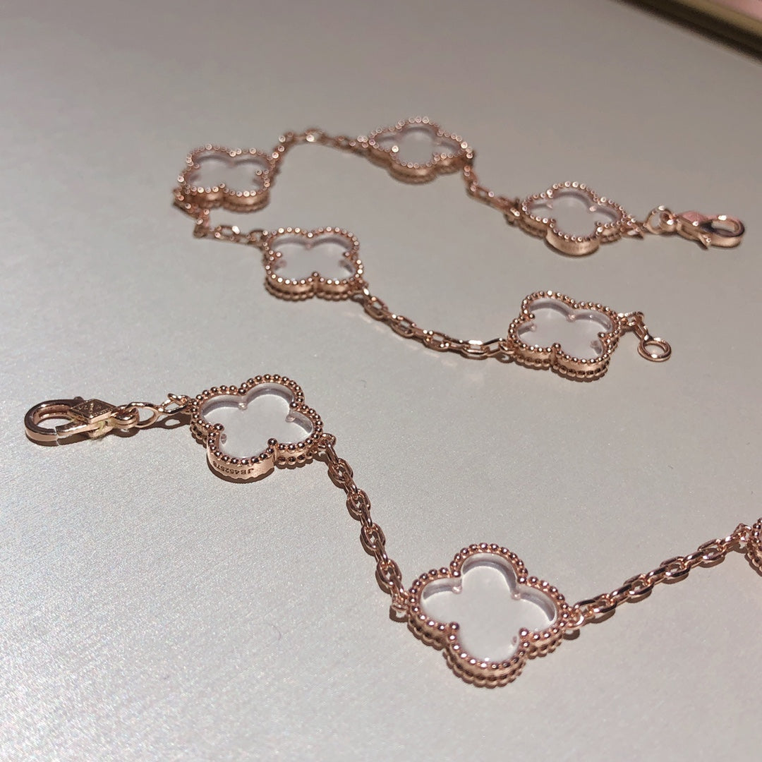 [ElanLuxe Jewelry]CLOVER 5 MOTIF ROCK CRYSTAL PINK GOLD BRACELET