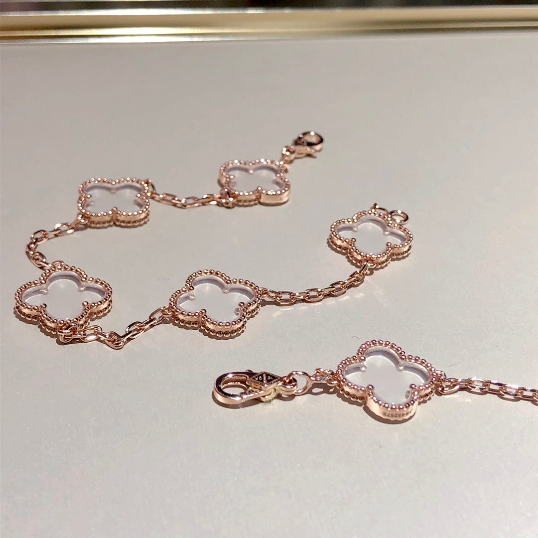 [ElanLuxe Jewelry]CLOVER 5 MOTIF ROCK CRYSTAL PINK GOLD BRACELET