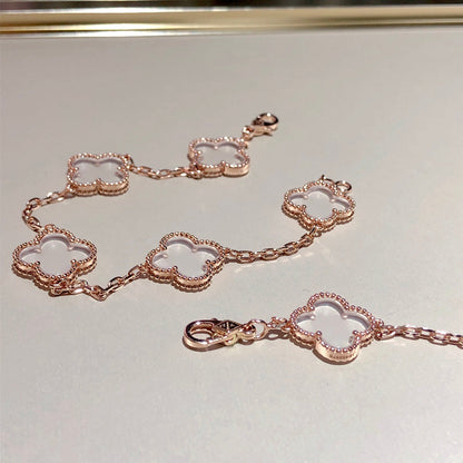 [ElanLuxe Jewelry]CLOVER 5 MOTIF ROCK CRYSTAL PINK GOLD BRACELET