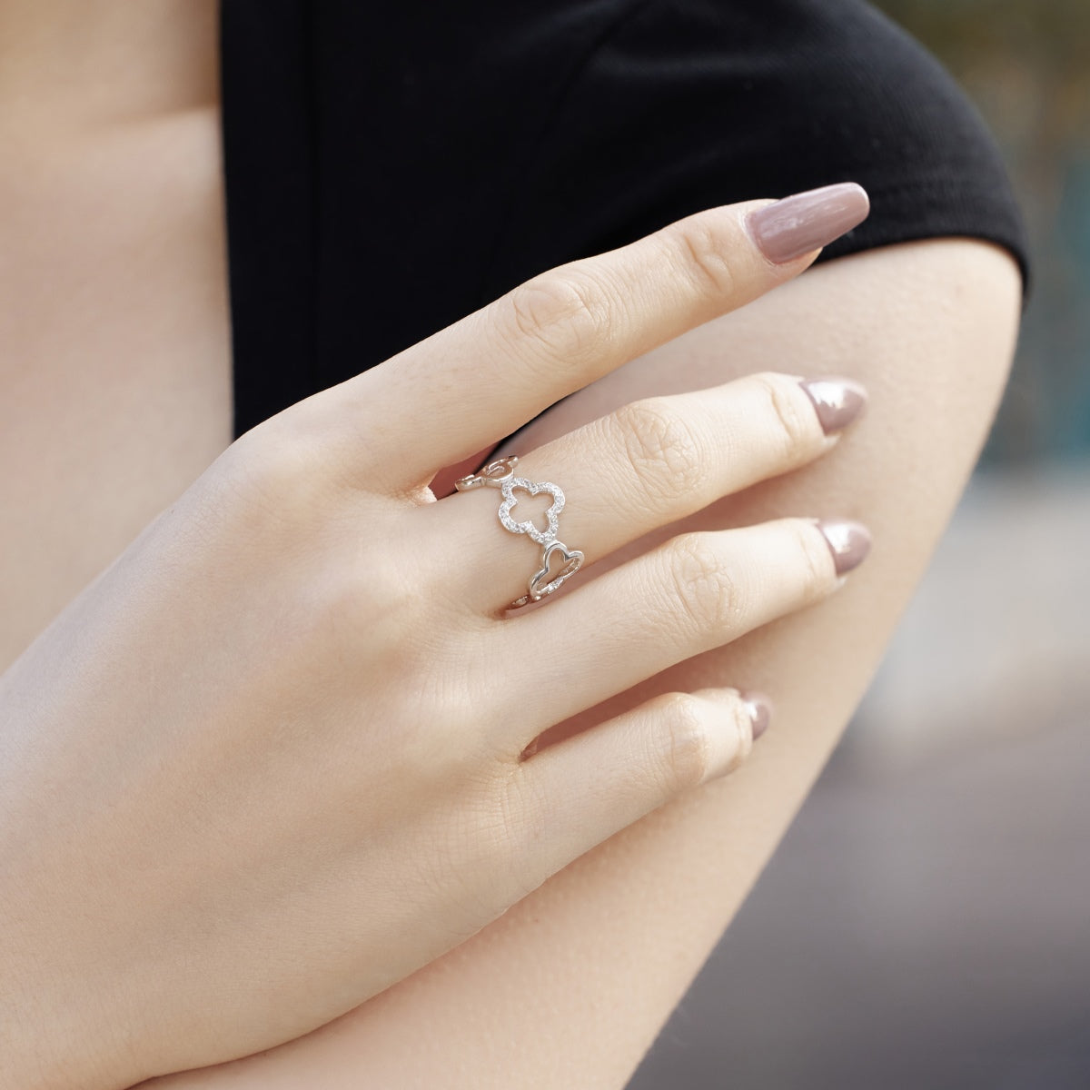 [ElanLuxe Jewelry]Hollow Design Four-Leaf Clover Flower Shape Ring
