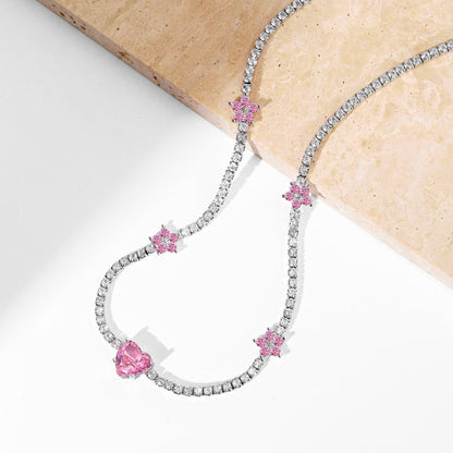 [ElanLuxe Jewelry]Dazzling Pink Heart Flower Necklace