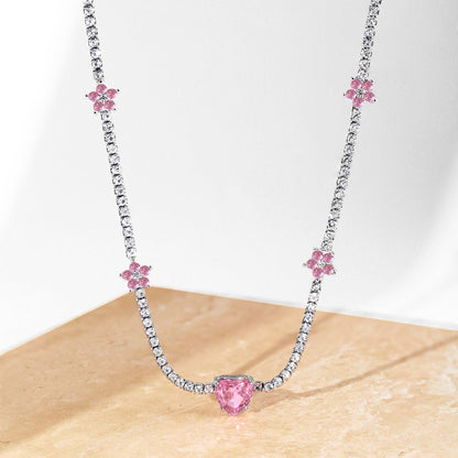 [ElanLuxe Jewelry]Dazzling Pink Heart Flower Necklace