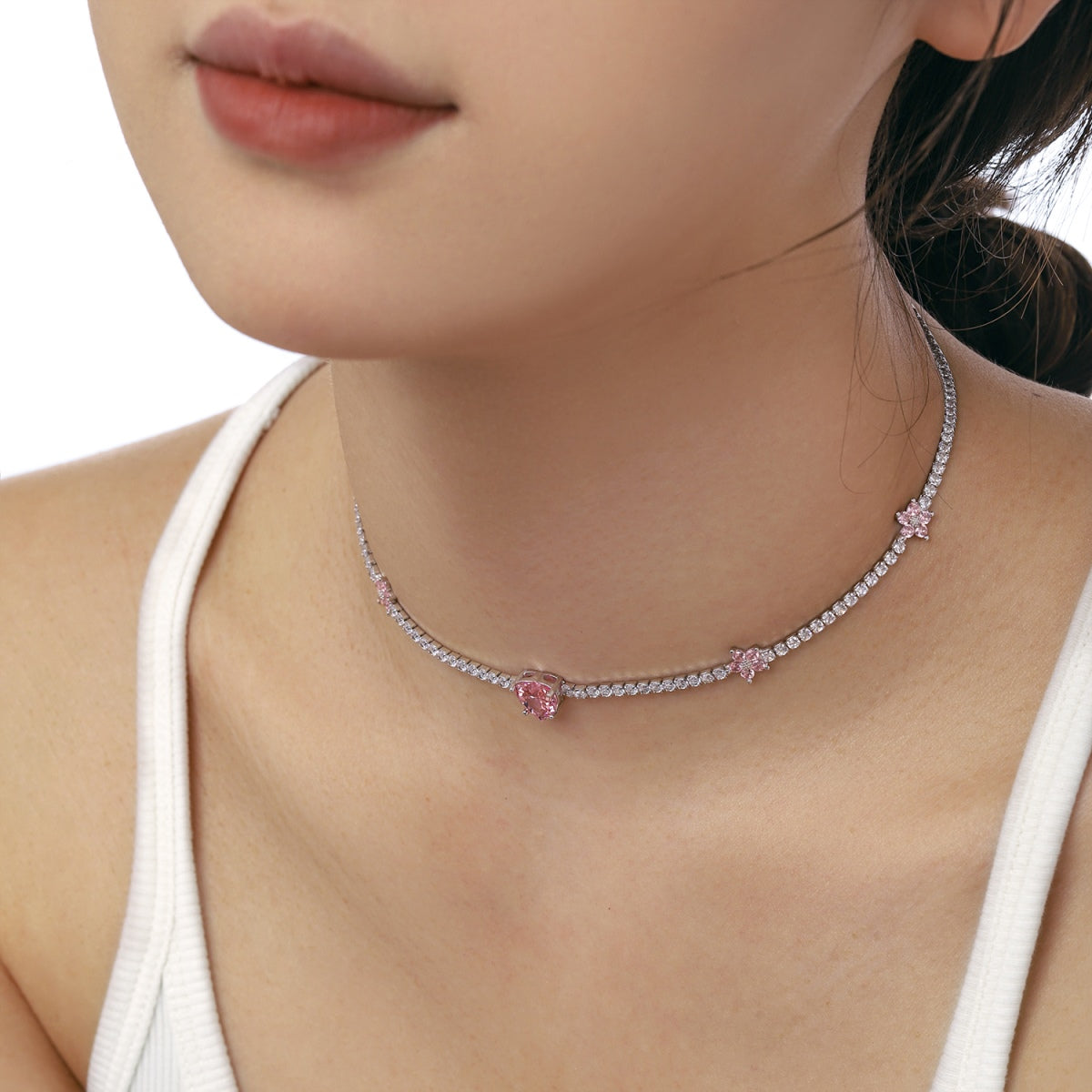 [ElanLuxe Jewelry]Dazzling Pink Heart Flower Necklace