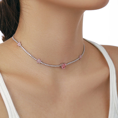 [ElanLuxe Jewelry]Dazzling Pink Heart Flower Necklace