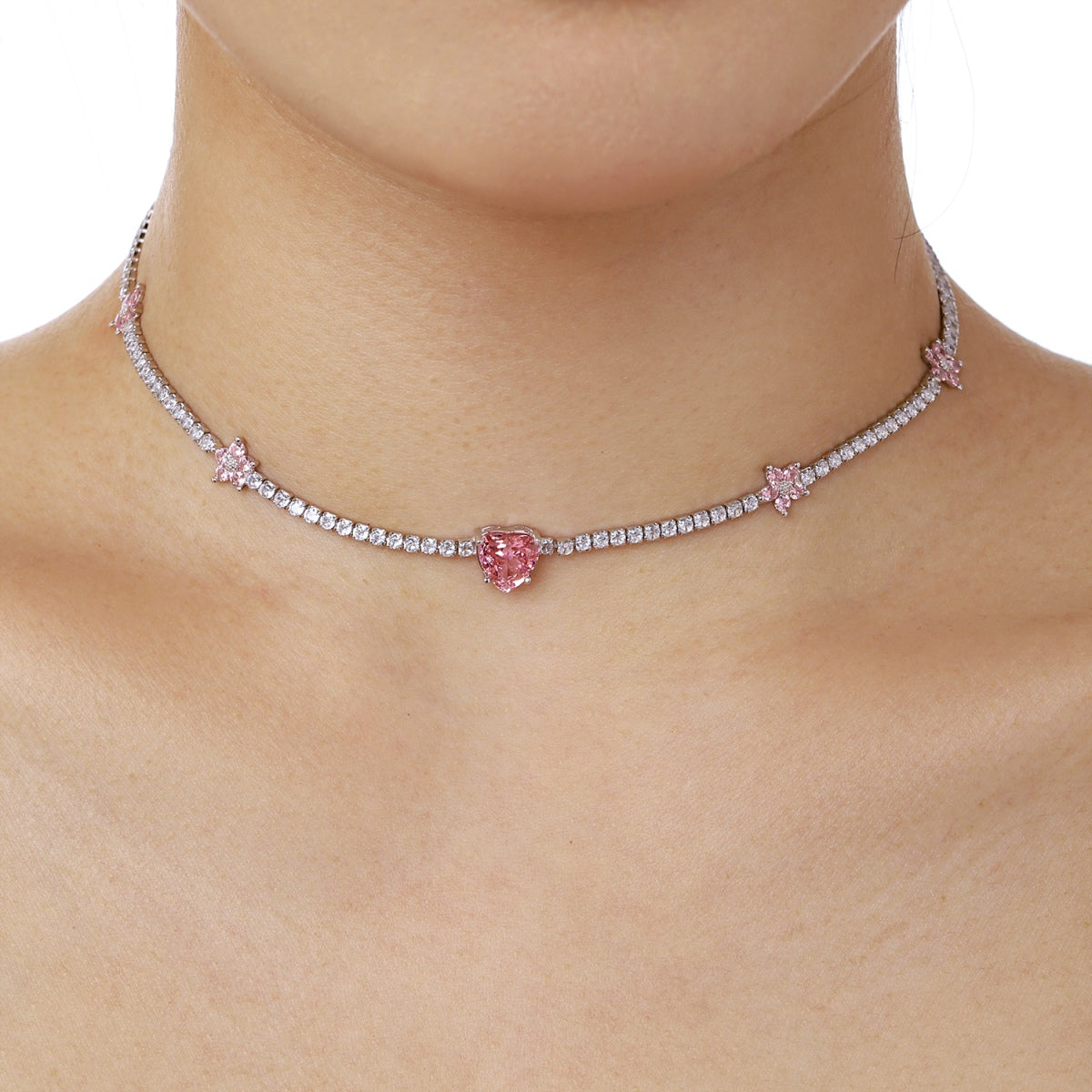 [ElanLuxe Jewelry]Dazzling Pink Heart Flower Necklace