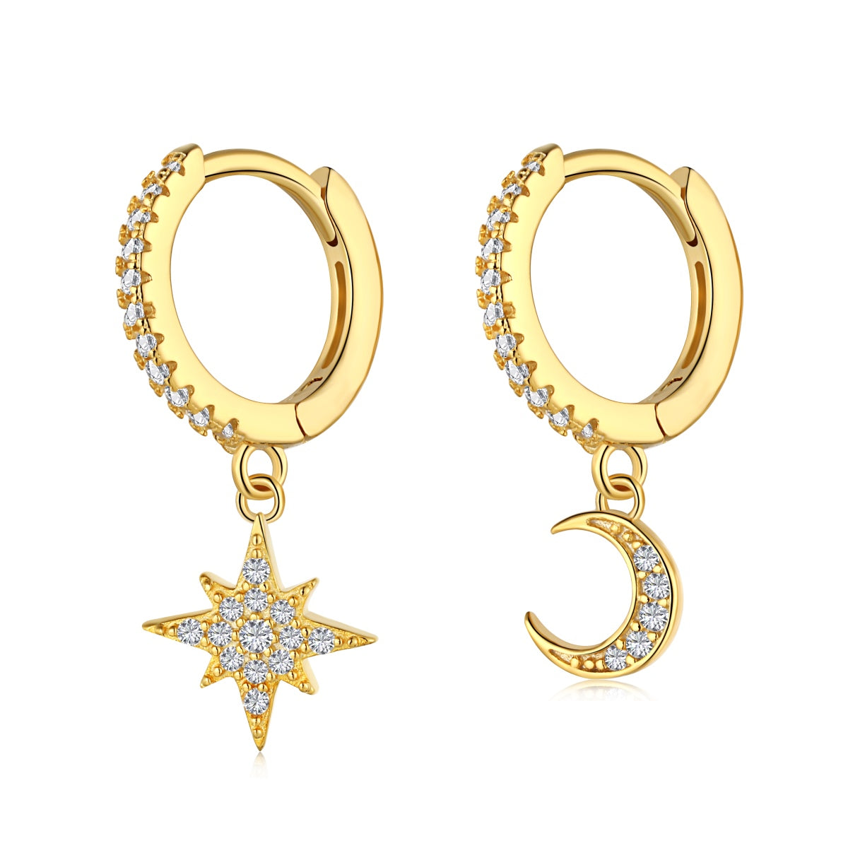 [ElanLuxe Jewelry]Star and Moon Asymmetric Earrings