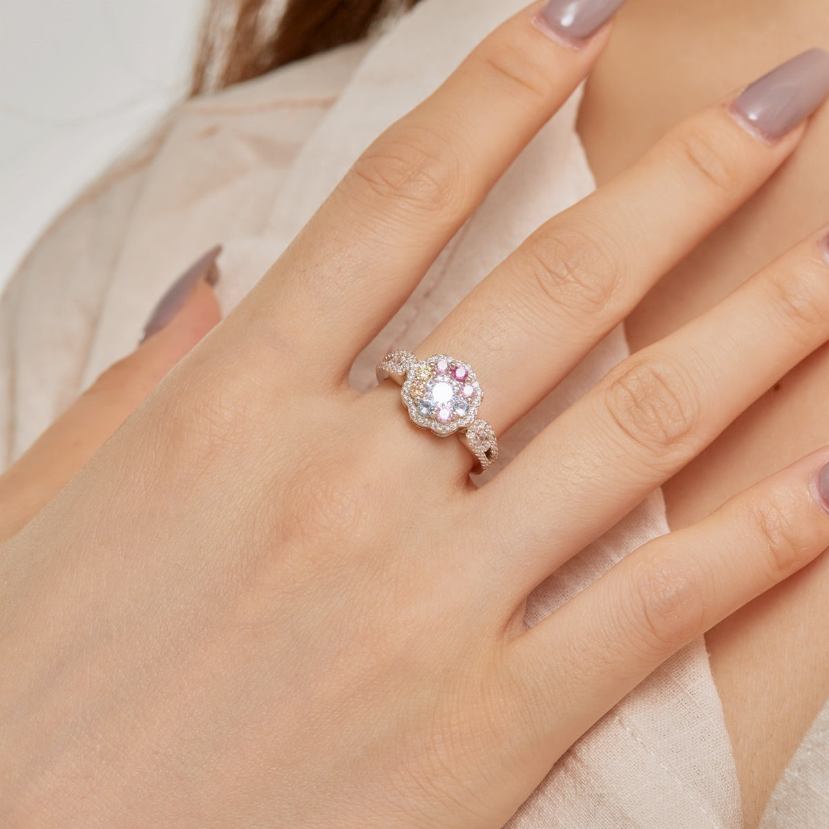 [ElanLuxe Jewelry]Delicate Colorful Round Cut Flower Shape Wedding Ring