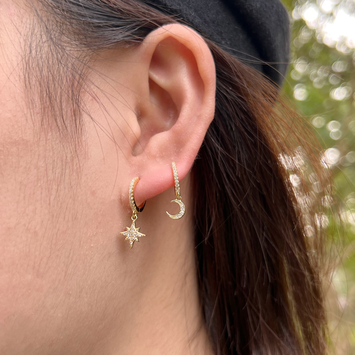 [ElanLuxe Jewelry]Star and Moon Asymmetric Earrings