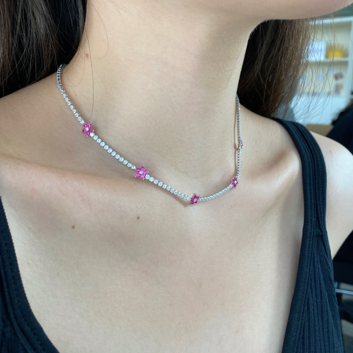 [ElanLuxe Jewelry]Luxurious Colorful Flower Tennis Necklace