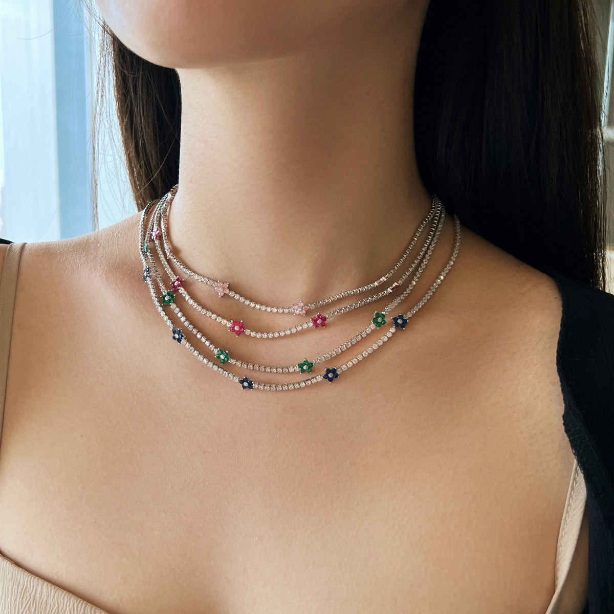[ElanLuxe Jewelry]Luxurious Colorful Flower Tennis Necklace