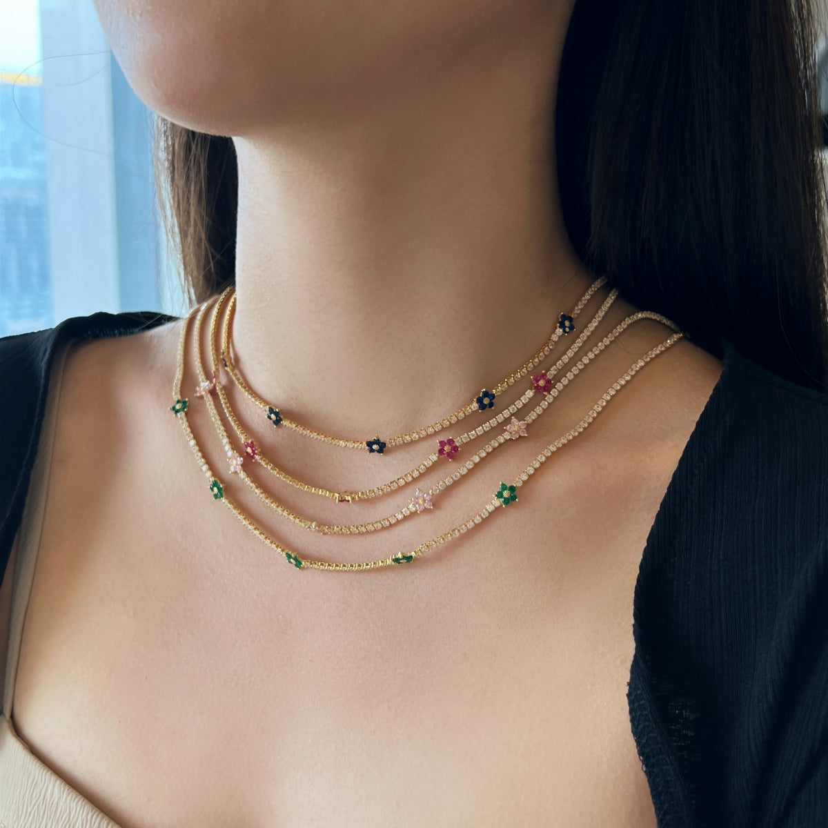 [ElanLuxe Jewelry]Luxurious Colorful Flower Tennis Necklace