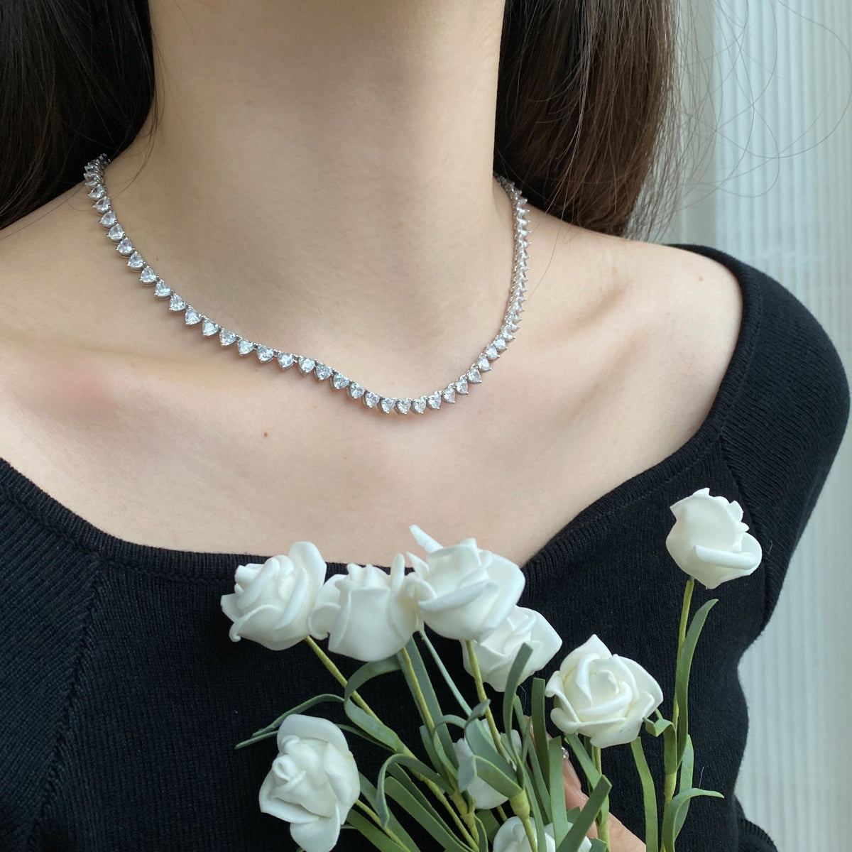 [ElanLuxe Jewelry]Ornate Heart Cut Tennis Necklace