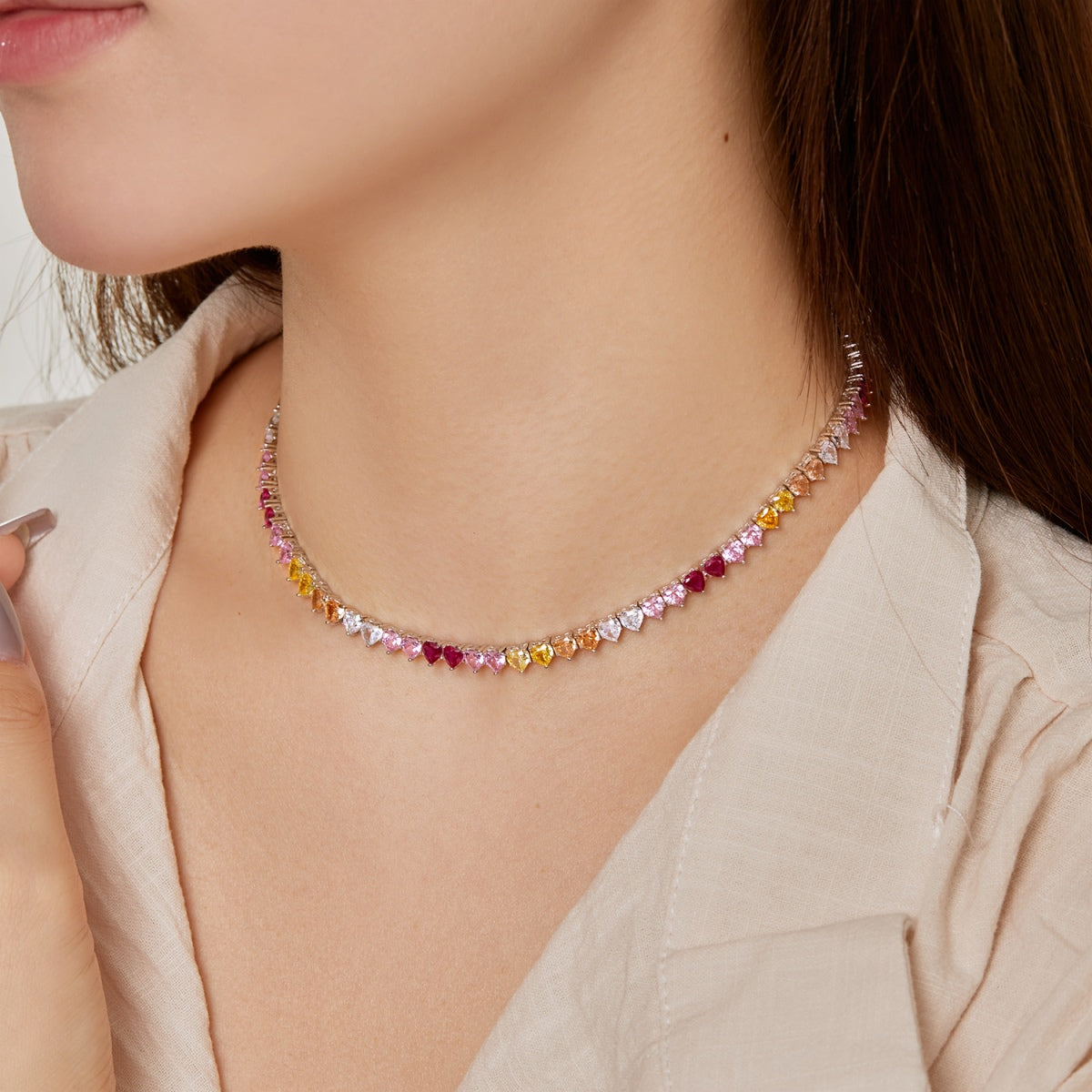 [ElanLuxe Jewelry]Sparkling Colorful Full Heart Tennis Necklace