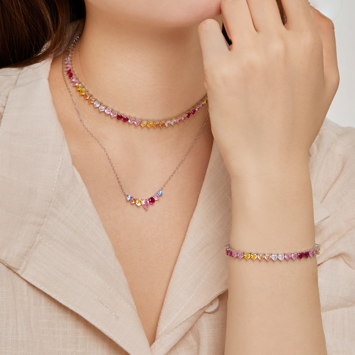 [ElanLuxe Jewelry]Sparkling Colorful Full Heart Tennis Necklace