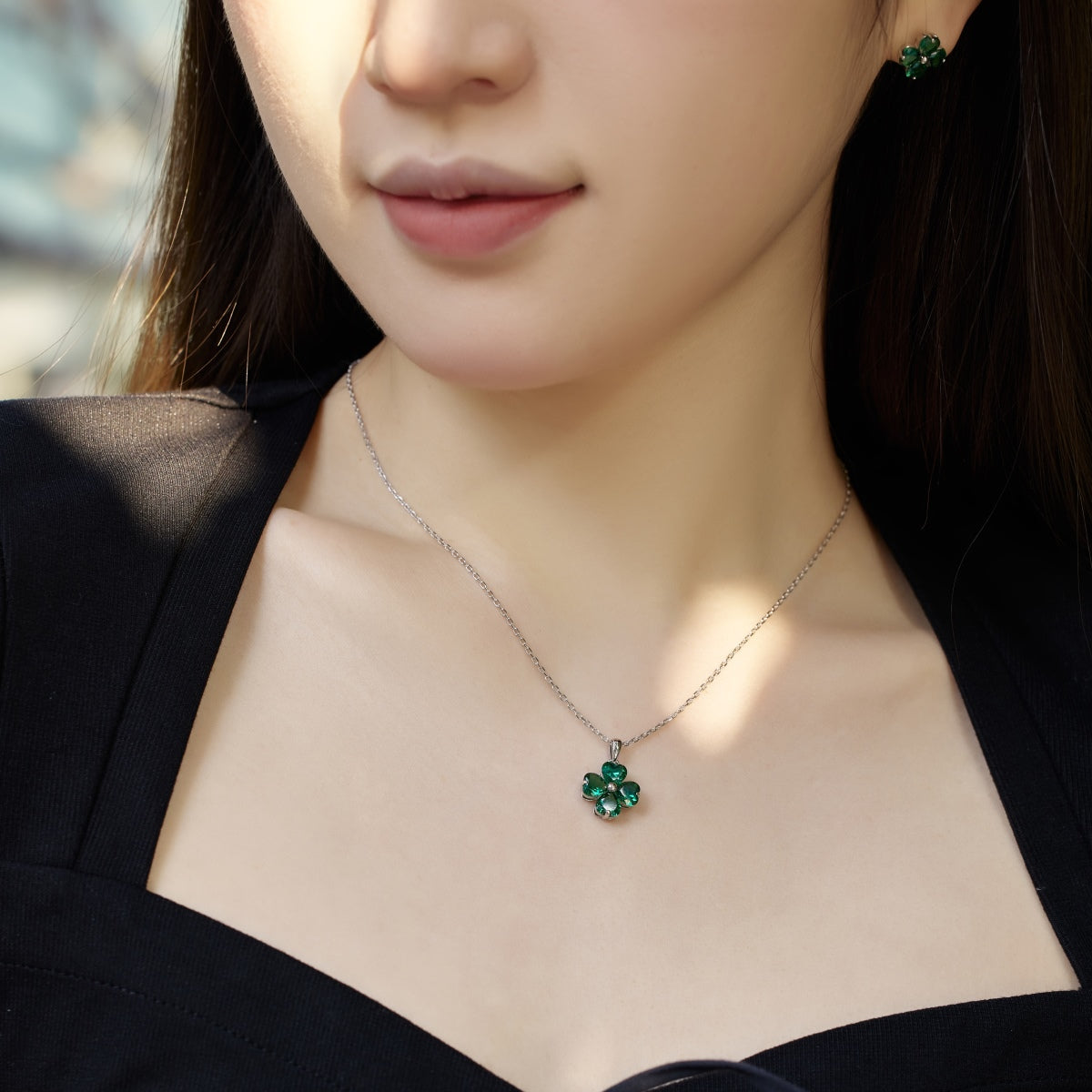 [ElanLuxe Jewelry]Heart-Shaped Four-Leaf Clover Bead Necklace
