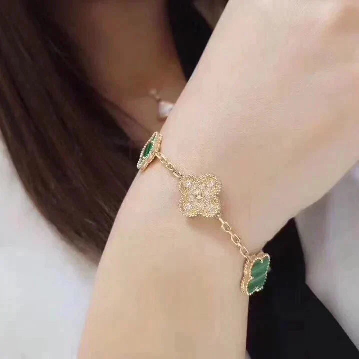 [ElanLuxe Jewelry]CLOVER  5 MOTIF MALACHITE DIAMOND BRACELET