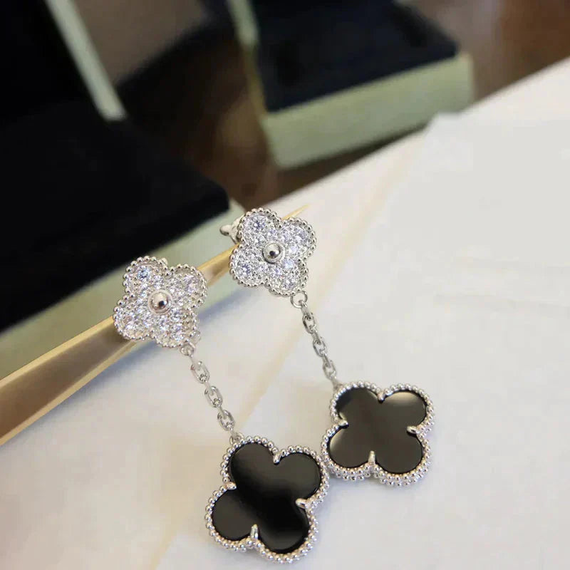[ElanLuxe Jewelry]CLOVER 2 MOTIFS  DIAMOND ONYX EARRINGS SILVER
