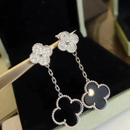 [ElanLuxe Jewelry]CLOVER 2 MOTIFS  DIAMOND ONYX EARRINGS SILVER