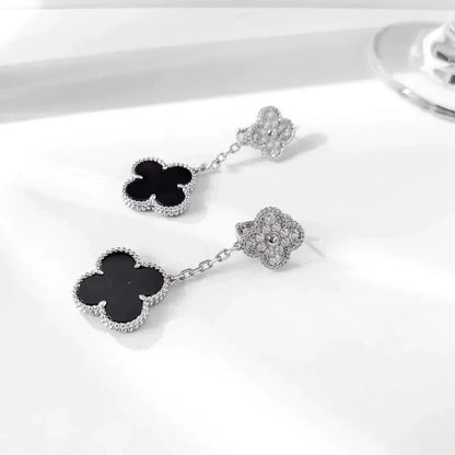 [ElanLuxe Jewelry]CLOVER 2 MOTIFS  DIAMOND ONYX EARRINGS SILVER