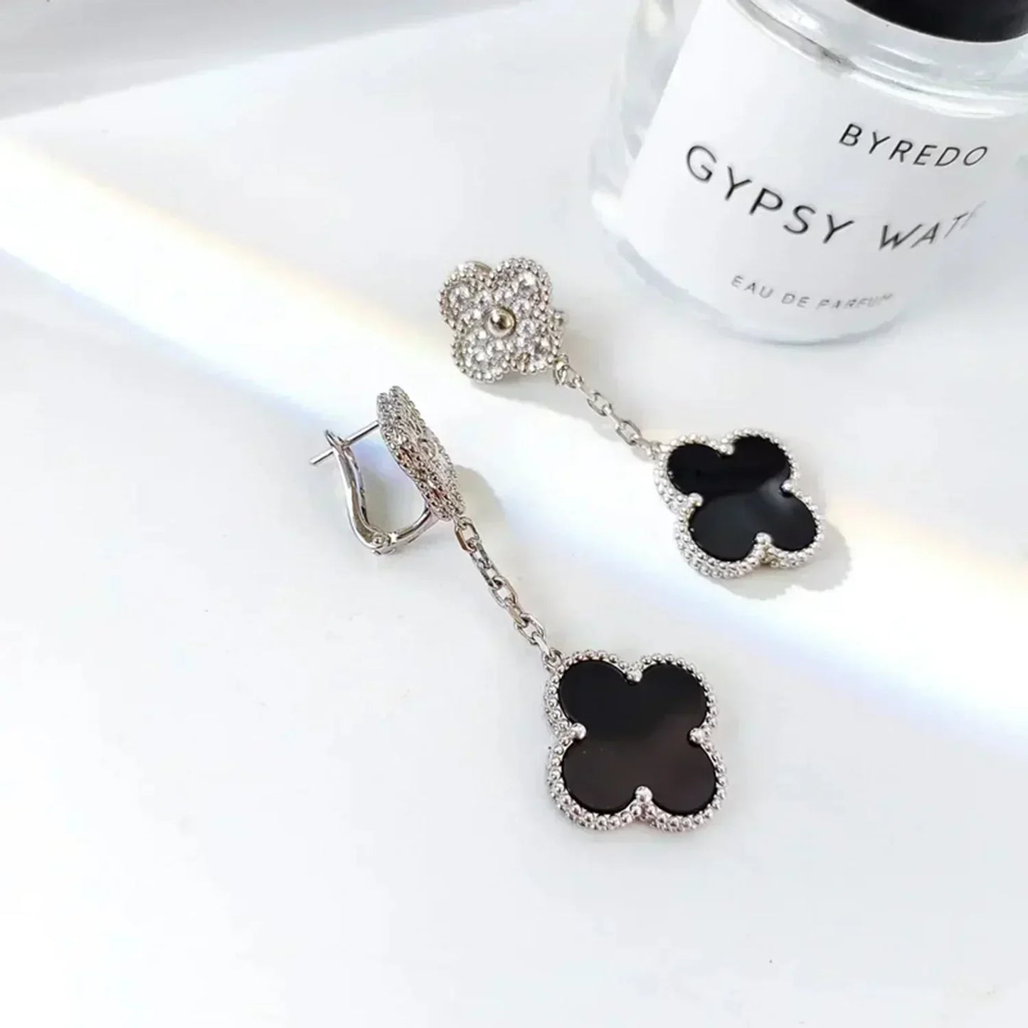 [ElanLuxe Jewelry]CLOVER 2 MOTIFS  DIAMOND ONYX EARRINGS SILVER