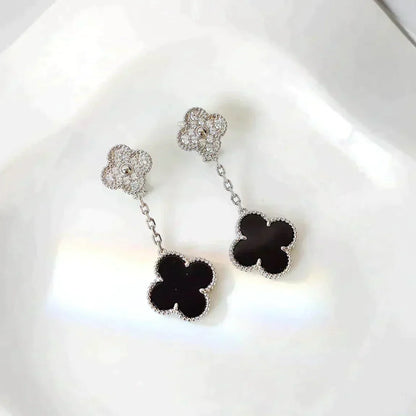 [ElanLuxe Jewelry]CLOVER 2 MOTIFS  DIAMOND ONYX EARRINGS SILVER
