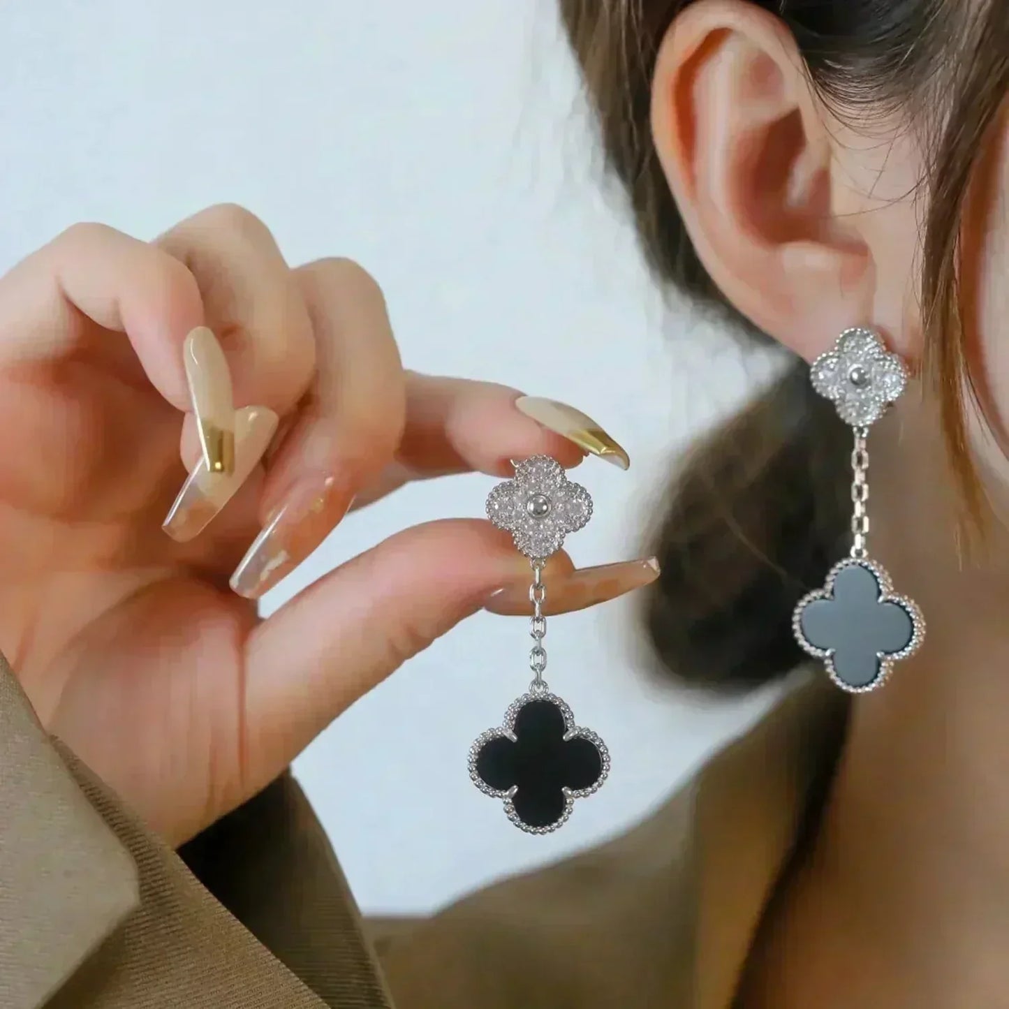 [ElanLuxe Jewelry]CLOVER 2 MOTIFS  DIAMOND ONYX EARRINGS SILVER