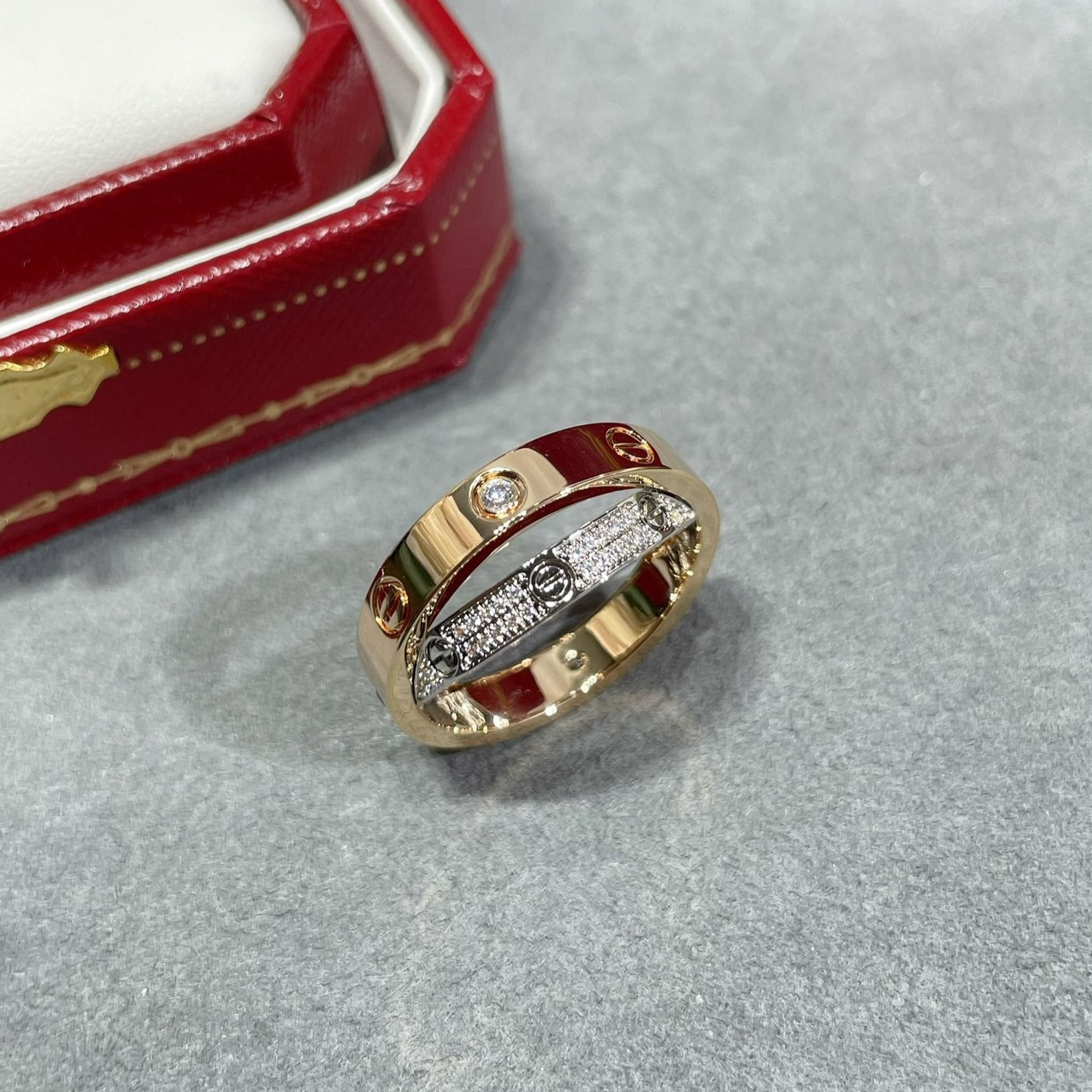 [ElanLuxe Jewelry]LOVE PINK GOLD SILVER DIAMOND DOUBLE RING