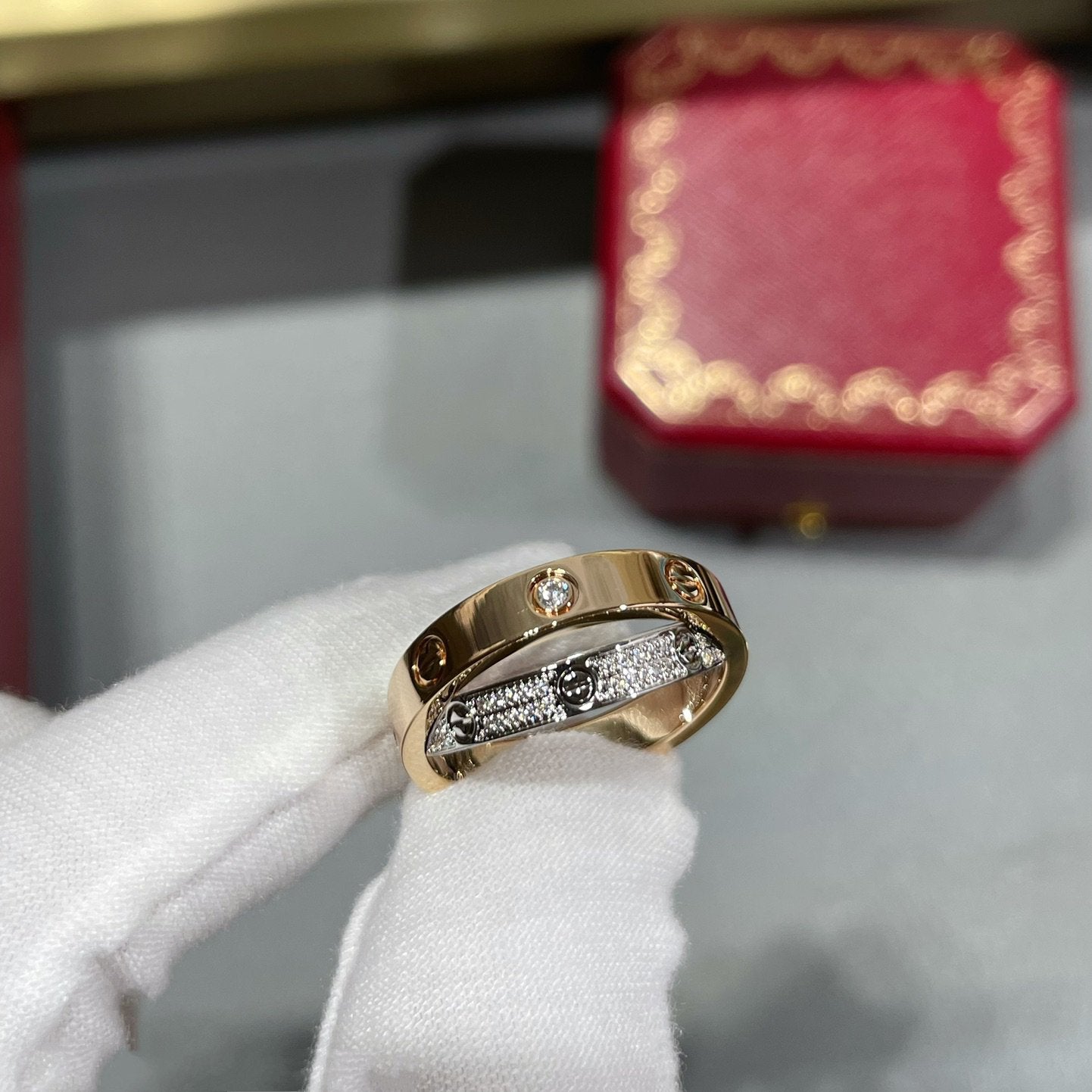 [ElanLuxe Jewelry]LOVE PINK GOLD SILVER DIAMOND DOUBLE RING