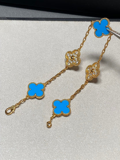 [ElanLuxe Jewelry]CLOVER 5 MOTIF BLUE CHALCEDONY DIAMOND GOLD BRACELET