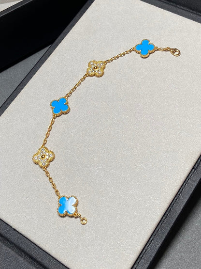 [ElanLuxe Jewelry]CLOVER 5 MOTIF BLUE CHALCEDONY DIAMOND GOLD BRACELET
