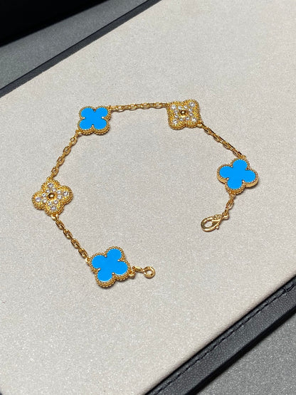 [ElanLuxe Jewelry]CLOVER 5 MOTIF BLUE CHALCEDONY DIAMOND GOLD BRACELET