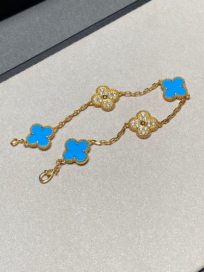 [ElanLuxe Jewelry]CLOVER 5 MOTIF BLUE CHALCEDONY DIAMOND GOLD BRACELET