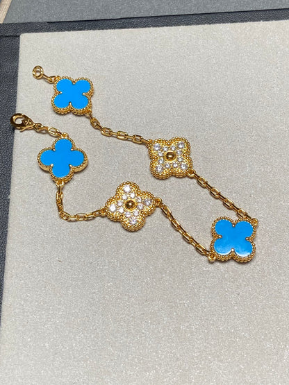 [ElanLuxe Jewelry]CLOVER 5 MOTIF BLUE CHALCEDONY DIAMOND GOLD BRACELET