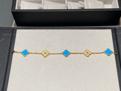 [ElanLuxe Jewelry]CLOVER 5 MOTIF BLUE CHALCEDONY DIAMOND GOLD BRACELET