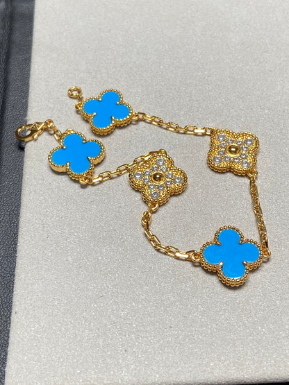 [ElanLuxe Jewelry]CLOVER 5 MOTIF BLUE CHALCEDONY DIAMOND GOLD BRACELET