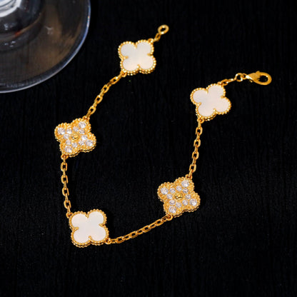 [ElanLuxe Jewelry]CLOVER BRACELET 5 MOTIF WHITE MOP DIAMOND