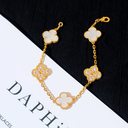 [ElanLuxe Jewelry]CLOVER BRACELET 5 MOTIF WHITE MOP DIAMOND