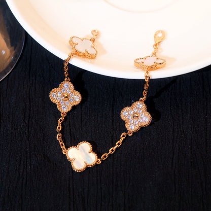 [ElanLuxe Jewelry]CLOVER BRACELET 5 MOTIF WHITE MOP DIAMOND