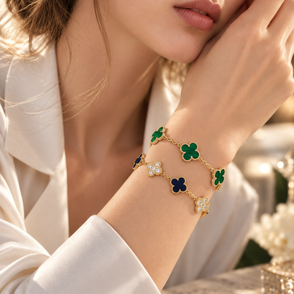 [ElanLuxe Jewelry]Clover 5-Motif Malachite & Pietersite Bracelet Stack Set