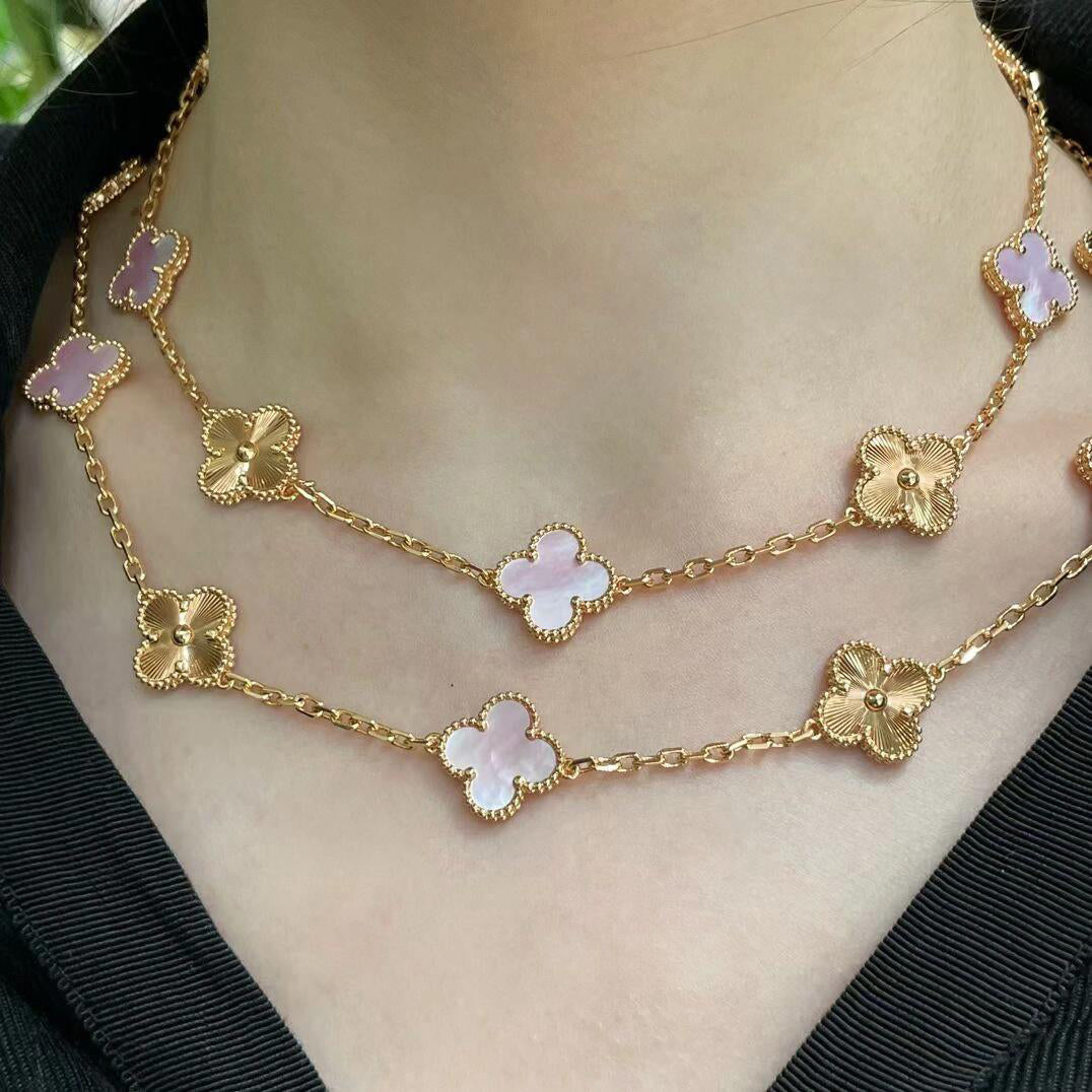 [ElanLuxe Jewelry]CLOVER 20 MOTIFS LASER PINK MOP NECKLACE